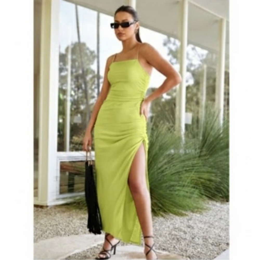 Emory Park Vibrant Rouched Lime Green Maxi Dress Brunch Dinner Large